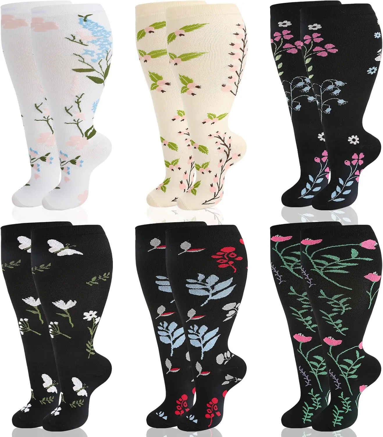 Jspupifip 6 Pairs Plus Size Compression Socks for Women Wide Calf Extra Large Knee High Support for Travel Yoga Running Circulation