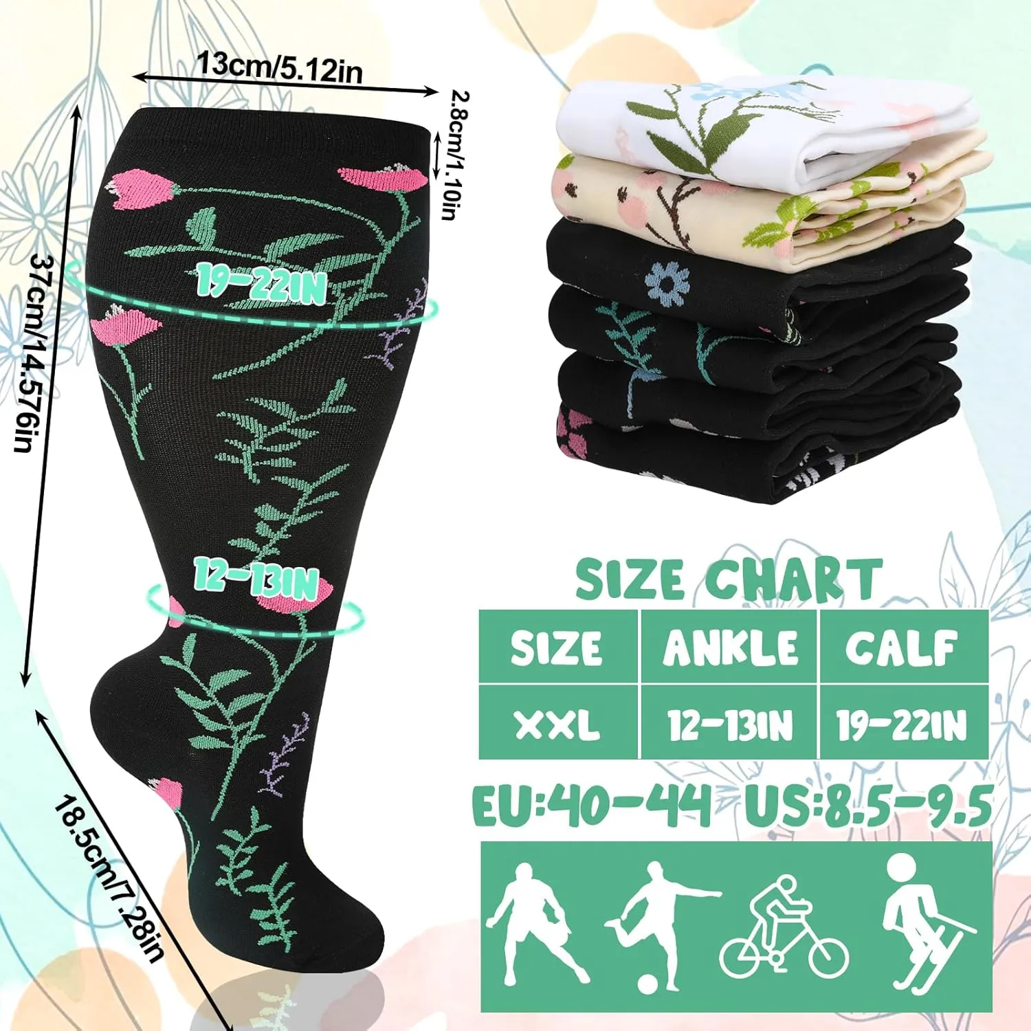Jspupifip 6 Pairs Plus Size Compression Socks for Women Wide Calf Extra Large Knee High Support for Travel Yoga Running Circulation