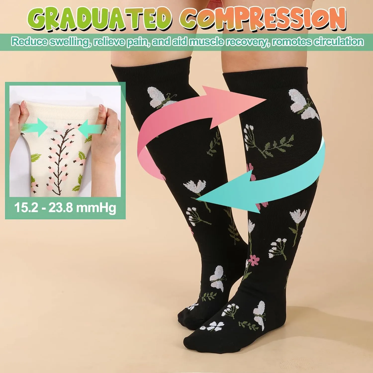 Jspupifip 6 Pairs Plus Size Compression Socks for Women Wide Calf Extra Large Knee High Support for Travel Yoga Running Circulation