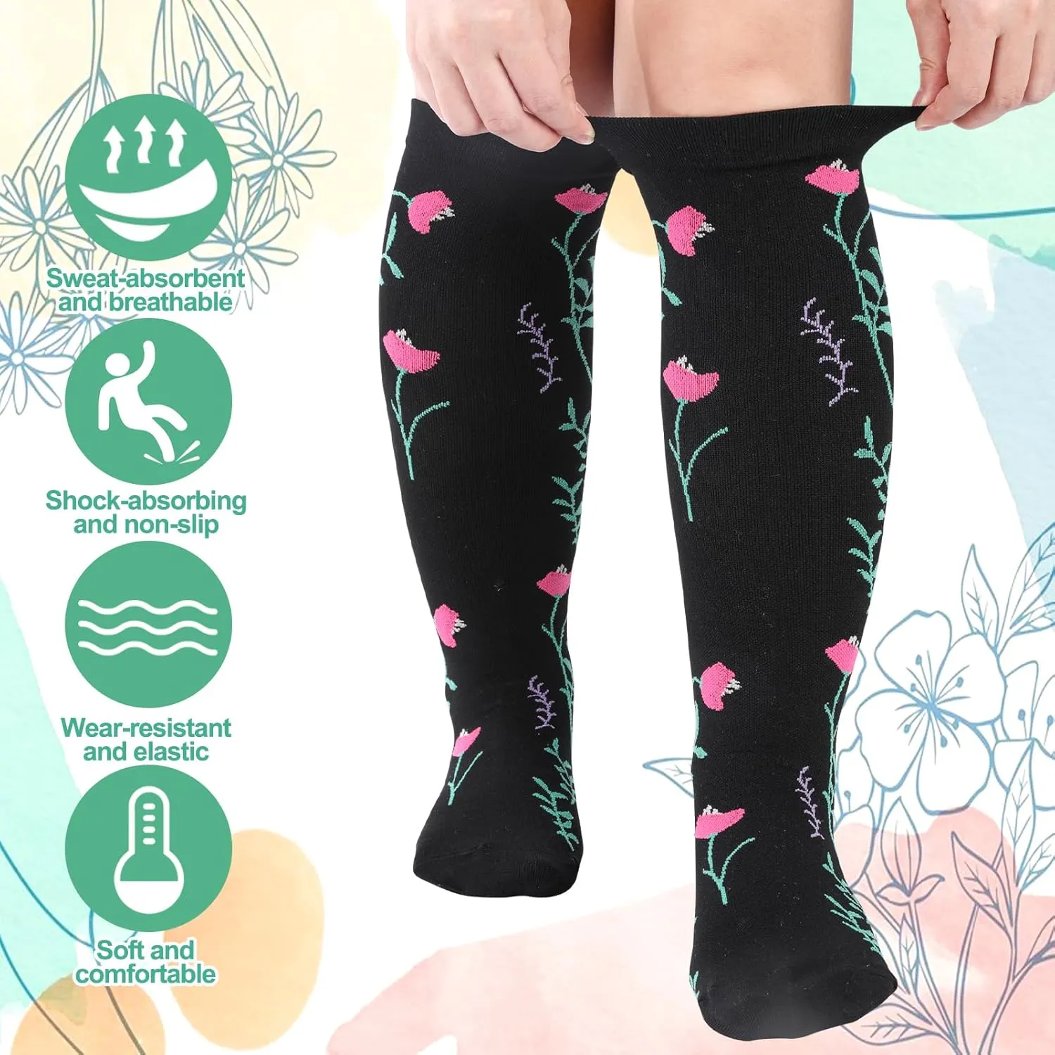 Jspupifip 6 Pairs Plus Size Compression Socks for Women Wide Calf Extra Large Knee High Support for Travel Yoga Running Circulation
