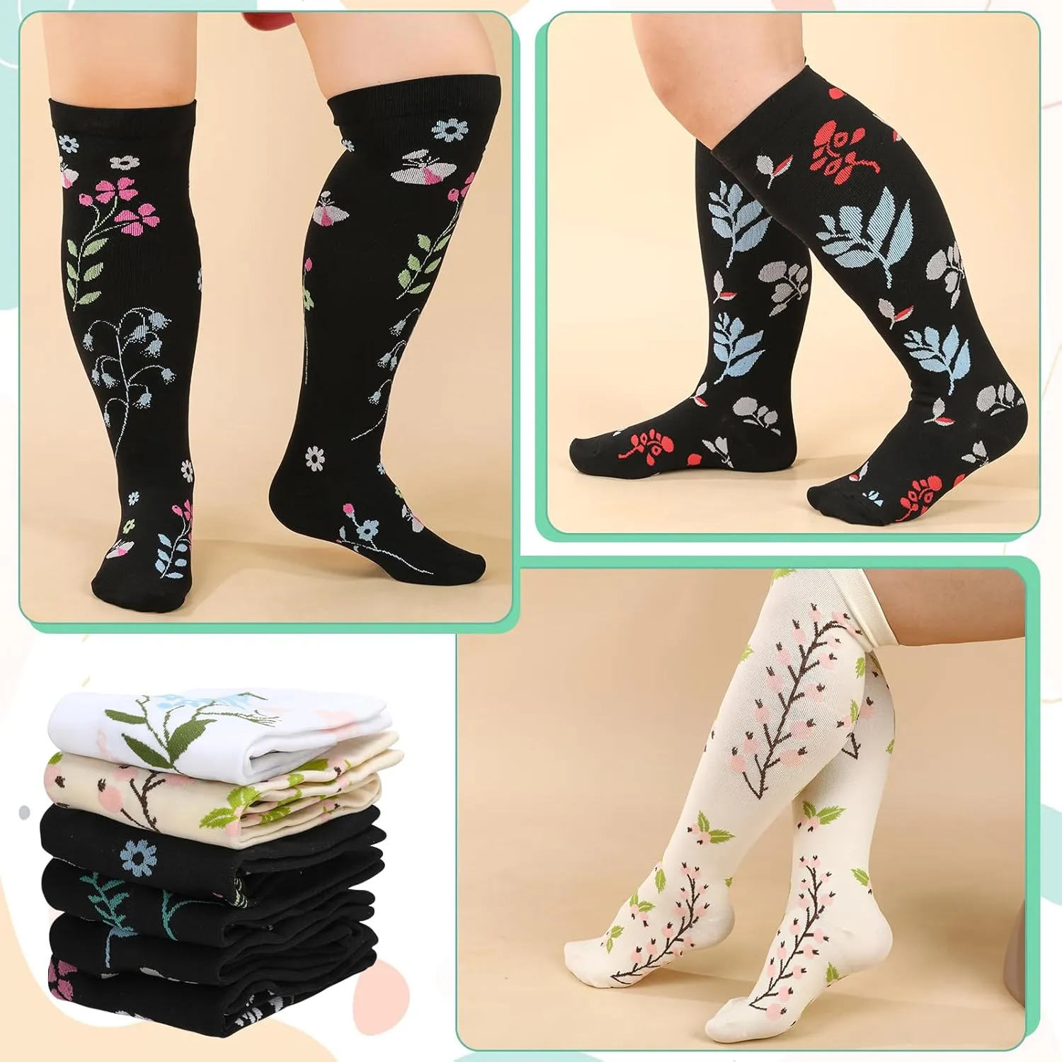 Jspupifip 6 Pairs Plus Size Compression Socks for Women Wide Calf Extra Large Knee High Support for Travel Yoga Running Circulation