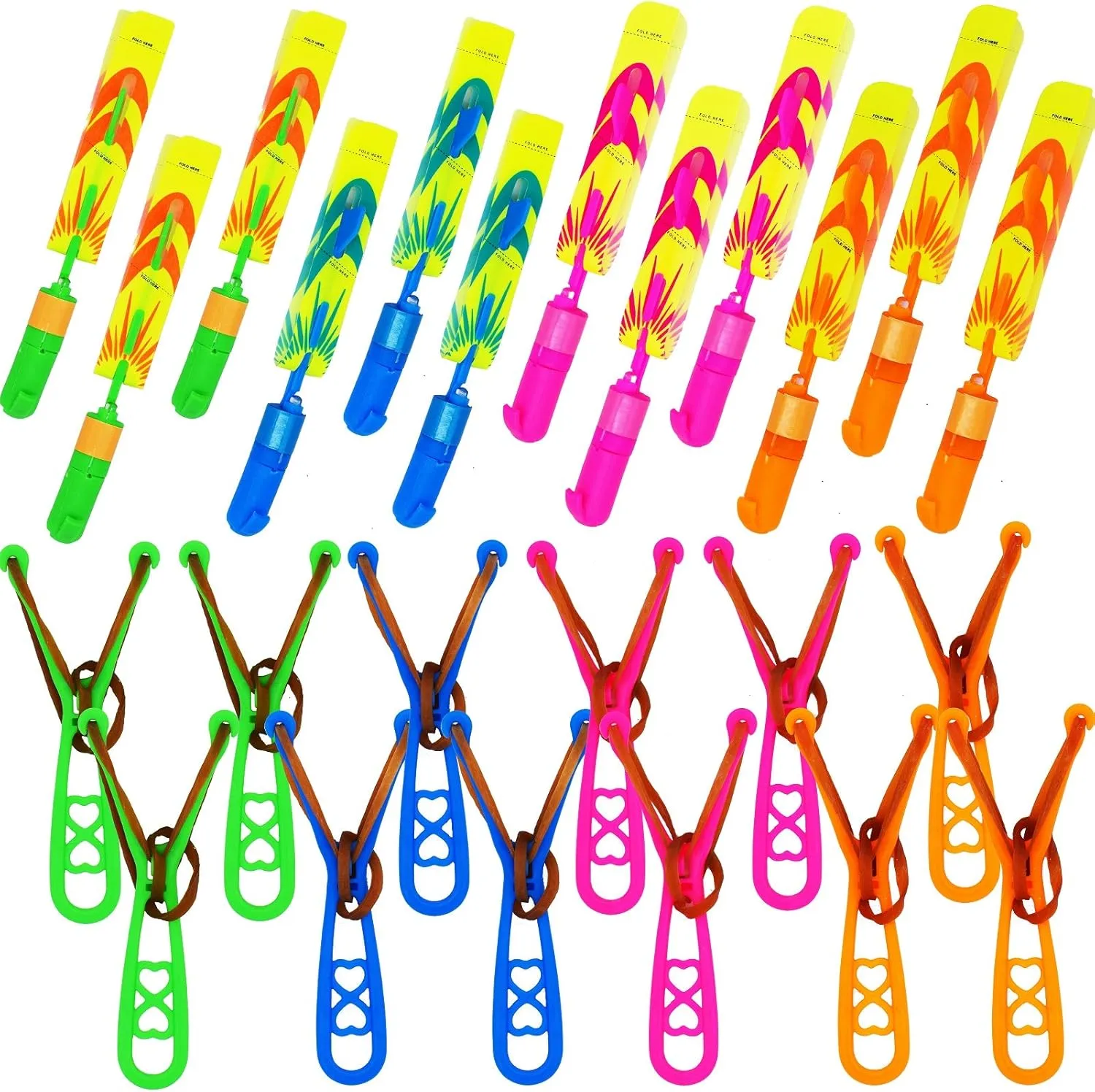 JX 24 Pack Rocket Slingshot Flying Toys with Led Lights,24Pcs LED Arrow Helicopters   24Pcs Launchers,Summer Outdoor Game LED Slingshot Toy for Kids, Glow in The Dark Kids Party Supplies