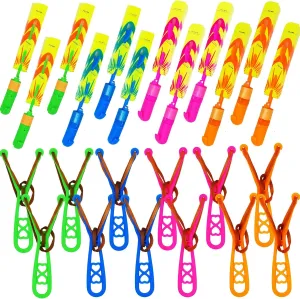 JX 24 Pack Rocket Slingshot Flying Toys with Led Lights,24Pcs LED Arrow Helicopters   24Pcs Launchers,Summer Outdoor Game LED Slingshot Toy for Kids, Glow in The Dark Kids Party Supplies