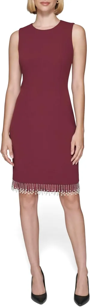 Karl Lagerfeld Paris Women's Pearl Trim Sleeveless Round Neck Sheath Dress