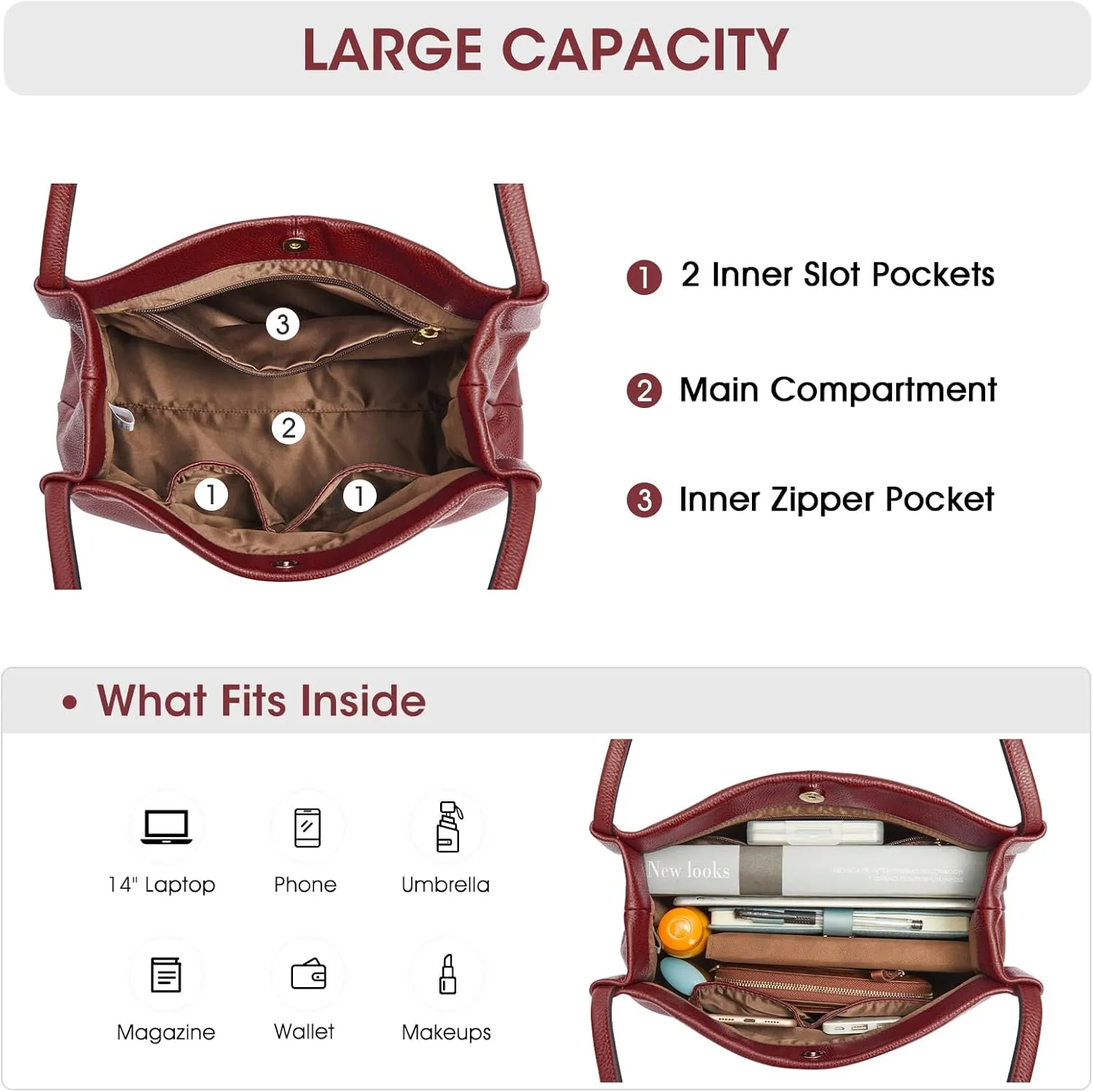 Kattee Leather Tote Bags for Women, Casual Shoulder Hobo Purses and Handbags, Top Magnetic Snap Closure