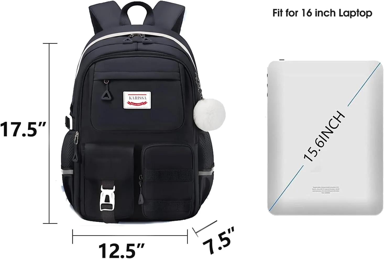 Kawaii Girls Backpack for Kids Teens Cute Laptop Bookbag for College Middle High Elementary School Student with Lunch Box, Black