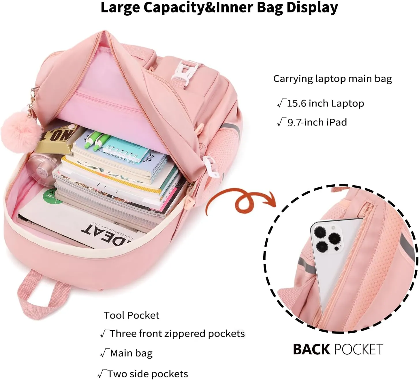 Kawaii Girls Backpack for Kids Teens Cute Laptop Bookbag for College Middle High Elementary School Student with Lunch Box, Black