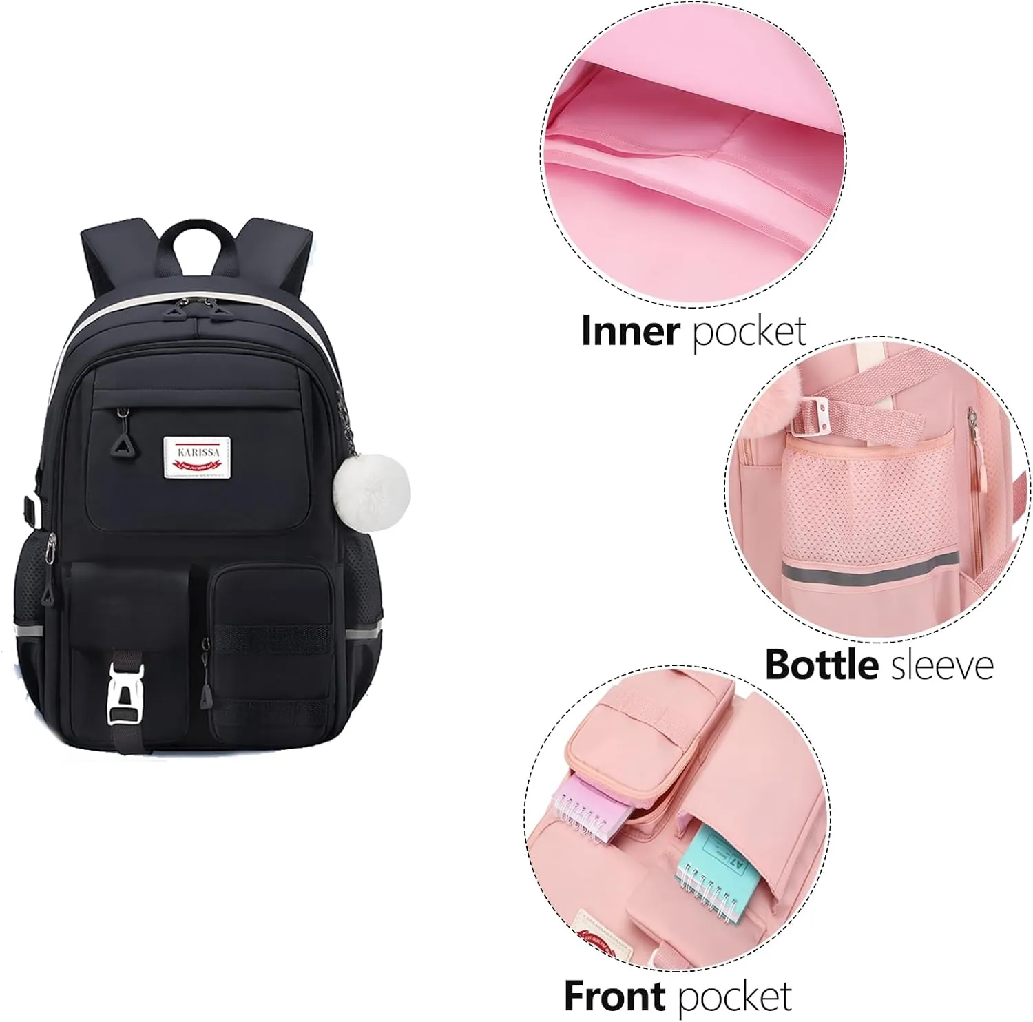 Kawaii Girls Backpack for Kids Teens Cute Laptop Bookbag for College Middle High Elementary School Student with Lunch Box, Black
