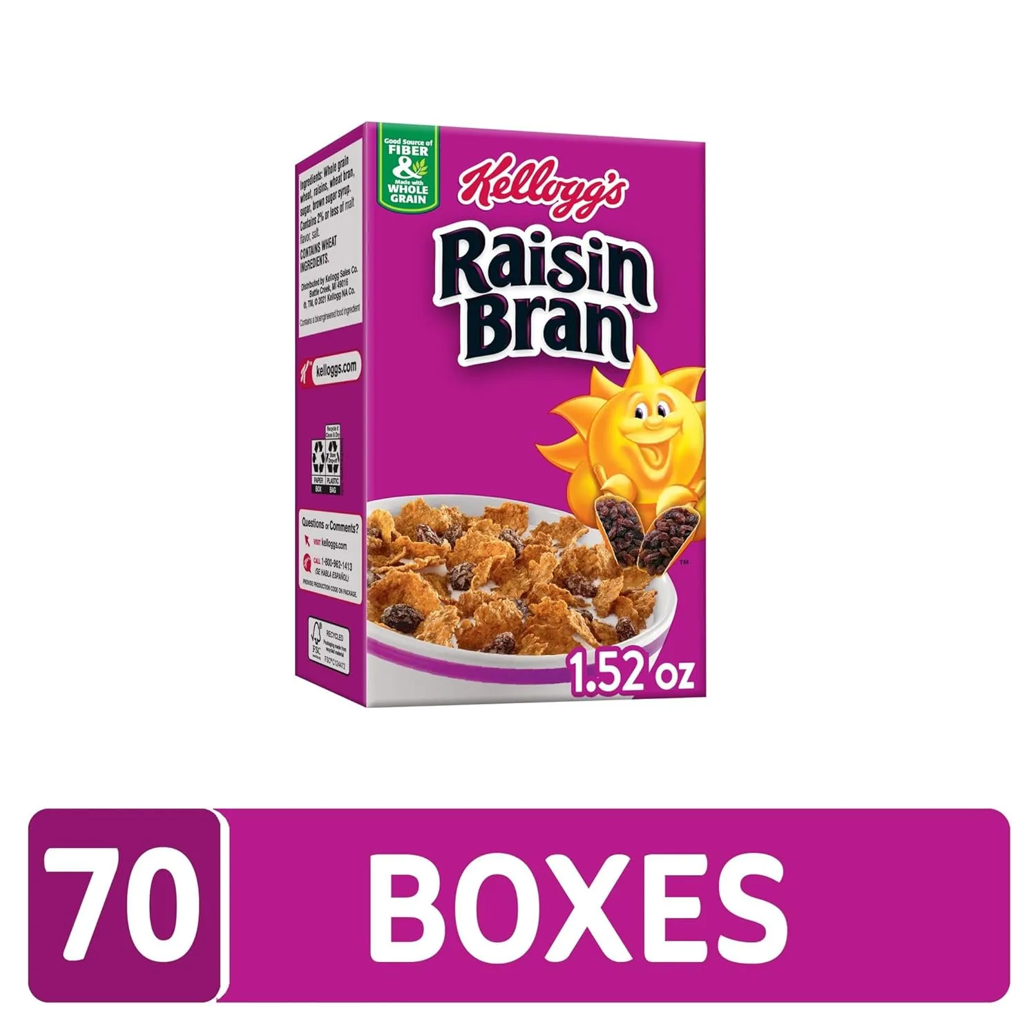 Kellogg's Raisin Bran, Breakfast Cereal, Original, 1.52oz (70 Count)