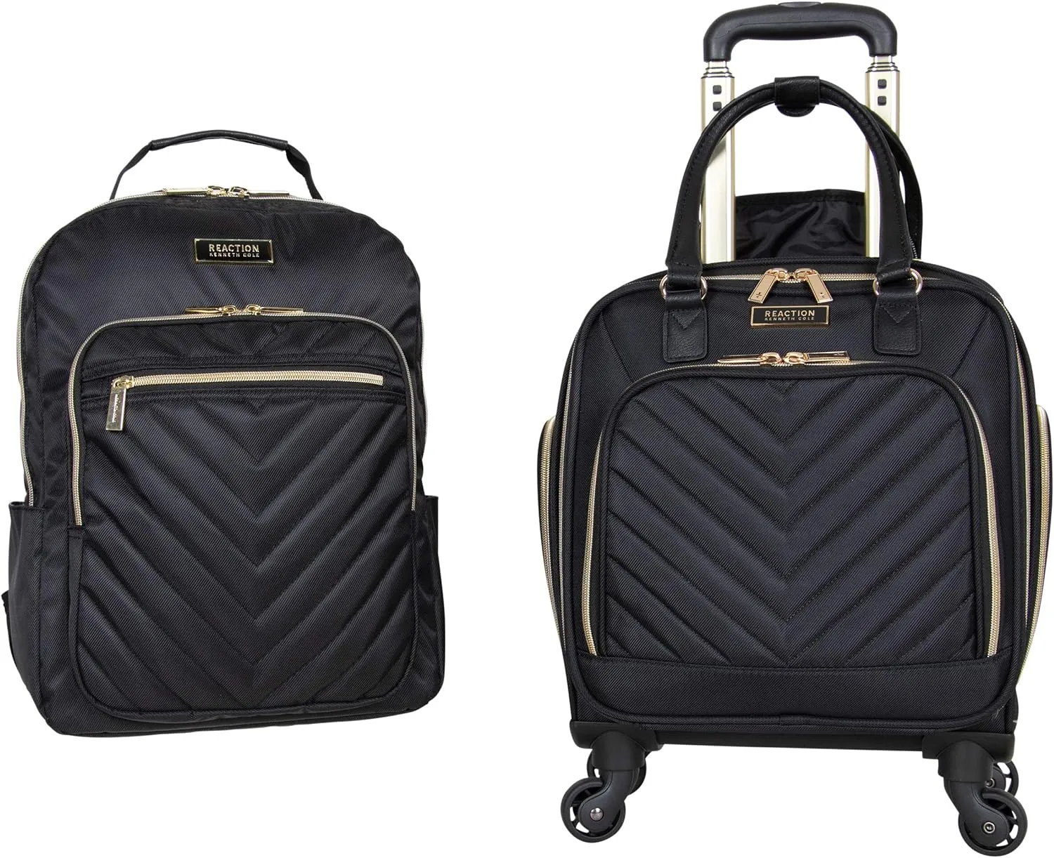 Kenneth Cole REACTION Chelsea 2-Piece Bundle - 17" 4-Wheel Spinner Underseat Carry-On Luggage & Matching 15" Laptop Backpack, Black
