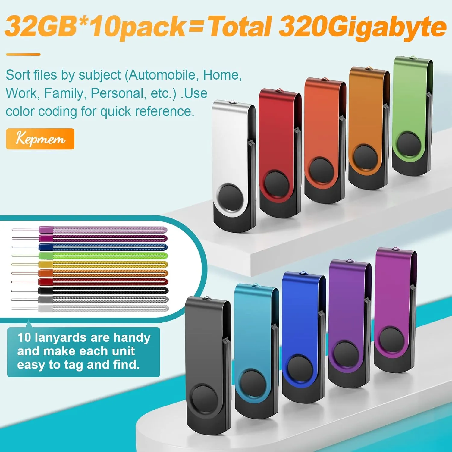 Kepmem 8GB Flash Drive 10 Pack Thumb Drives Bulk, Multipack Zip Drive 8 GB USB Memory Sticks Metal Swivel Pen Drive, Portable Jump Drive Value Multicoloured Pendrives with 10pcs Ropes