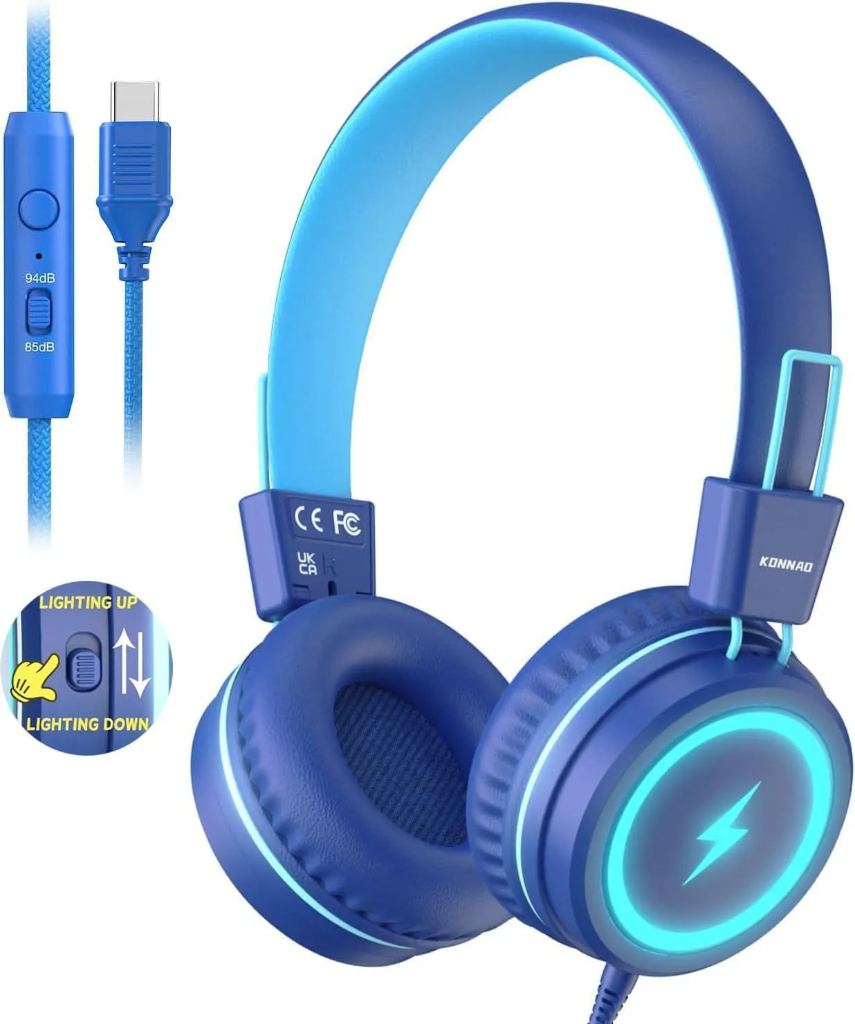 Kid Headphones for School, USB Type C Kids Headphone with LED Lights, Wired Boys Girls Headphones with Safe Limiter 85dB/94dB, Foldable On Ear Headphones with Microphones for Girls, Boys, iPad-Blue