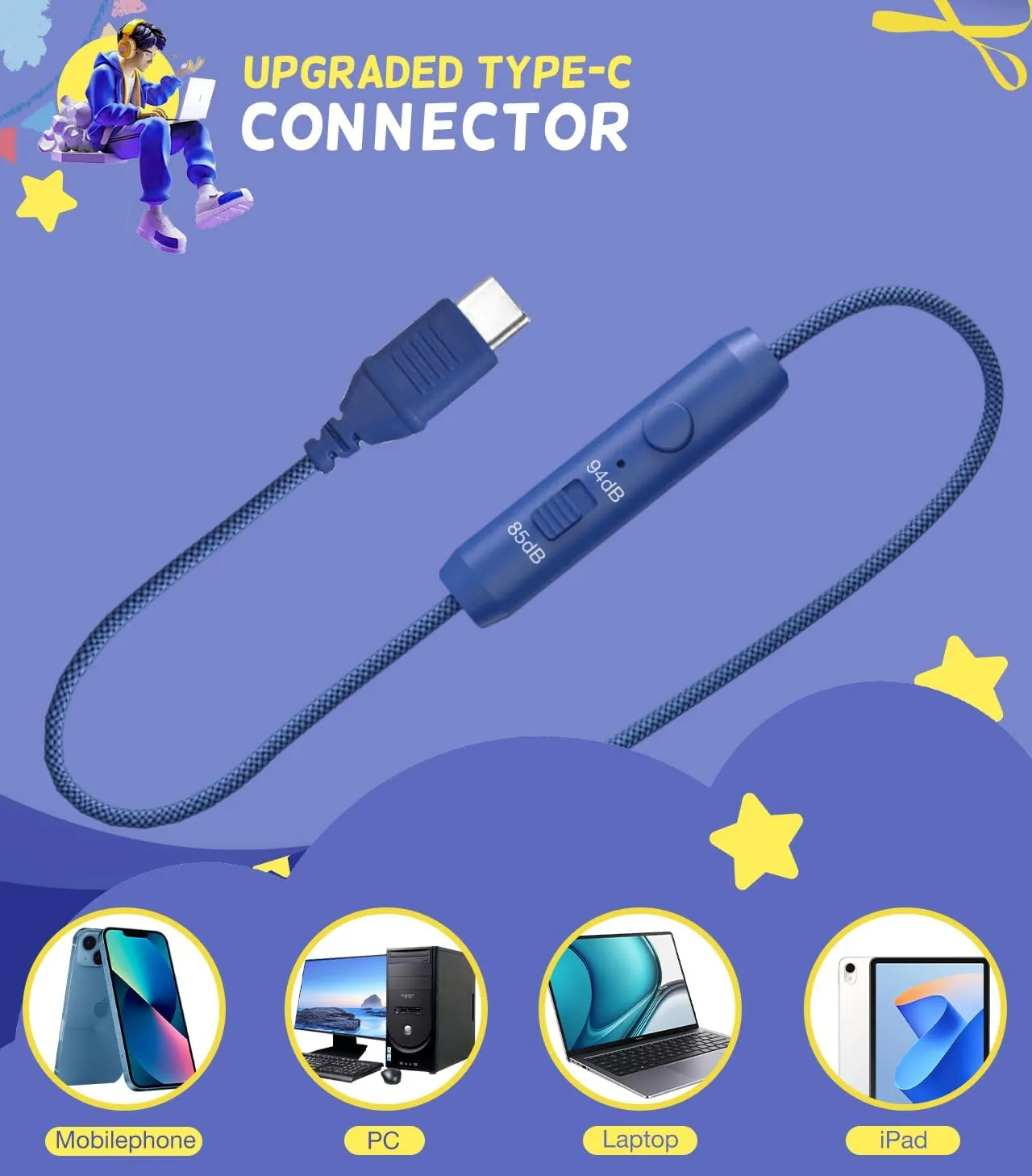 Kid Headphones for School, USB Type C Kids Headphone with LED Lights, Wired Boys Girls Headphones with Safe Limiter 85dB/94dB, Foldable On Ear Headphones with Microphones for Girls, Boys, iPad-Blue