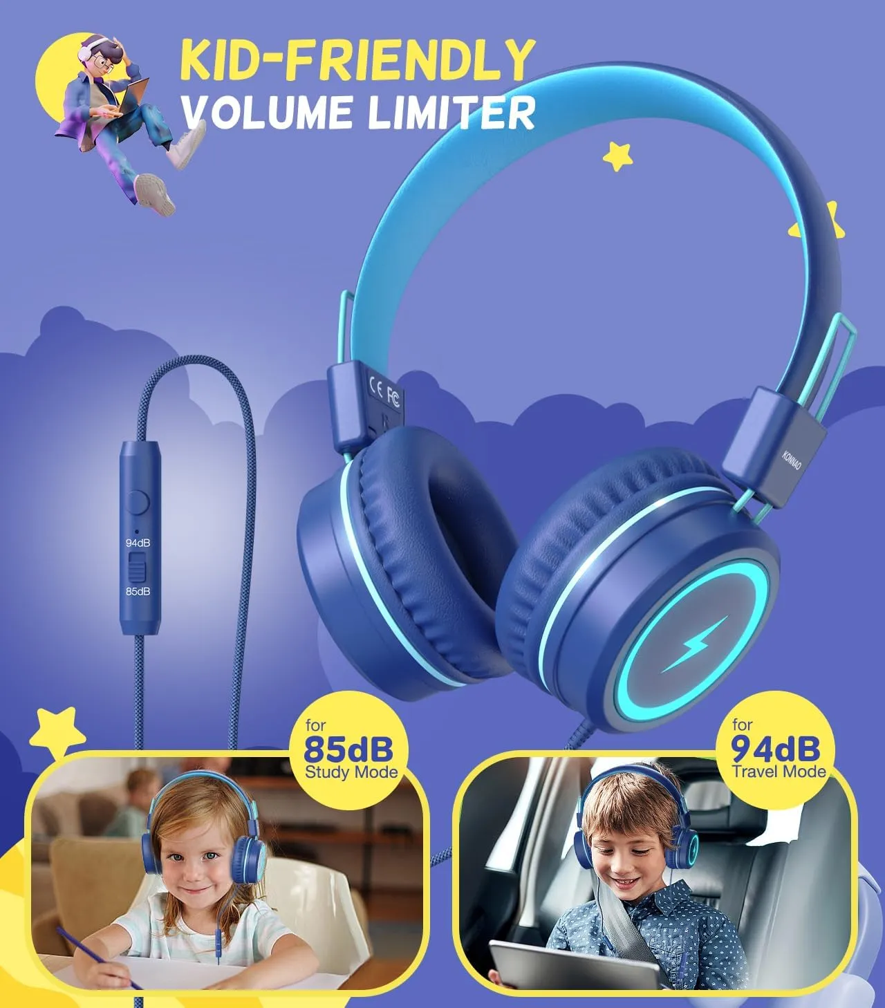 Kid Headphones for School, USB Type C Kids Headphone with LED Lights, Wired Boys Girls Headphones with Safe Limiter 85dB/94dB, Foldable On Ear Headphones with Microphones for Girls, Boys, iPad-Blue