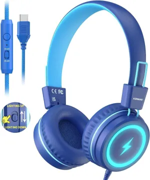 Kid Headphones for School, USB Type C Kids Headphone with LED Lights, Wired Boys Girls Headphones with Safe Limiter 85dB/94dB, Foldable On Ear Headphones with Microphones for Girls, Boys, iPad-Blue