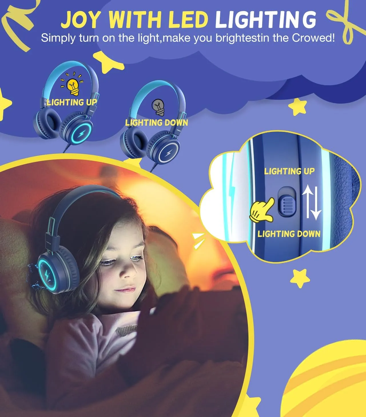 Kid Headphones for School, USB Type C Kids Headphone with LED Lights, Wired Boys Girls Headphones with Safe Limiter 85dB/94dB, Foldable On Ear Headphones with Microphones for Girls, Boys, iPad-Blue