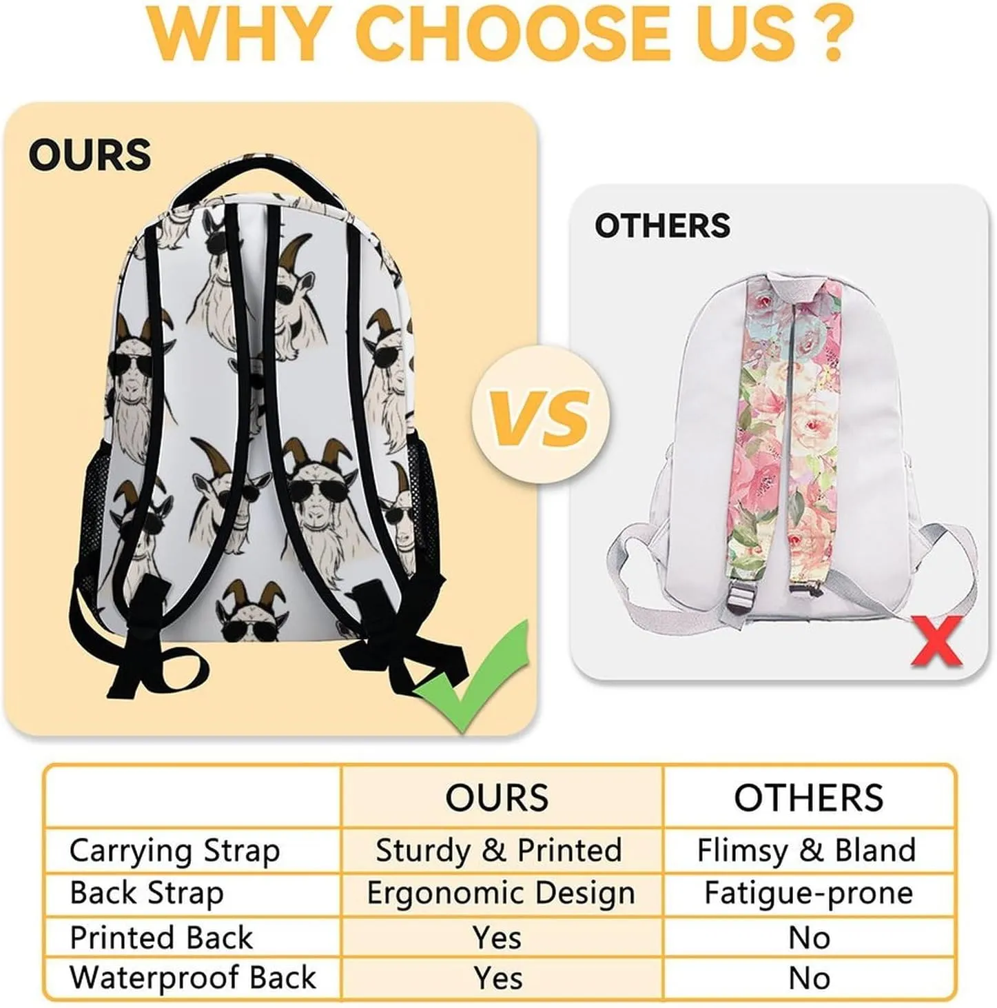Kids Backpack for Girls - 17 Inch Cute Custom Middle School Backpack for Goat Lovers - White Lightweight Durable Bookbag for Boys