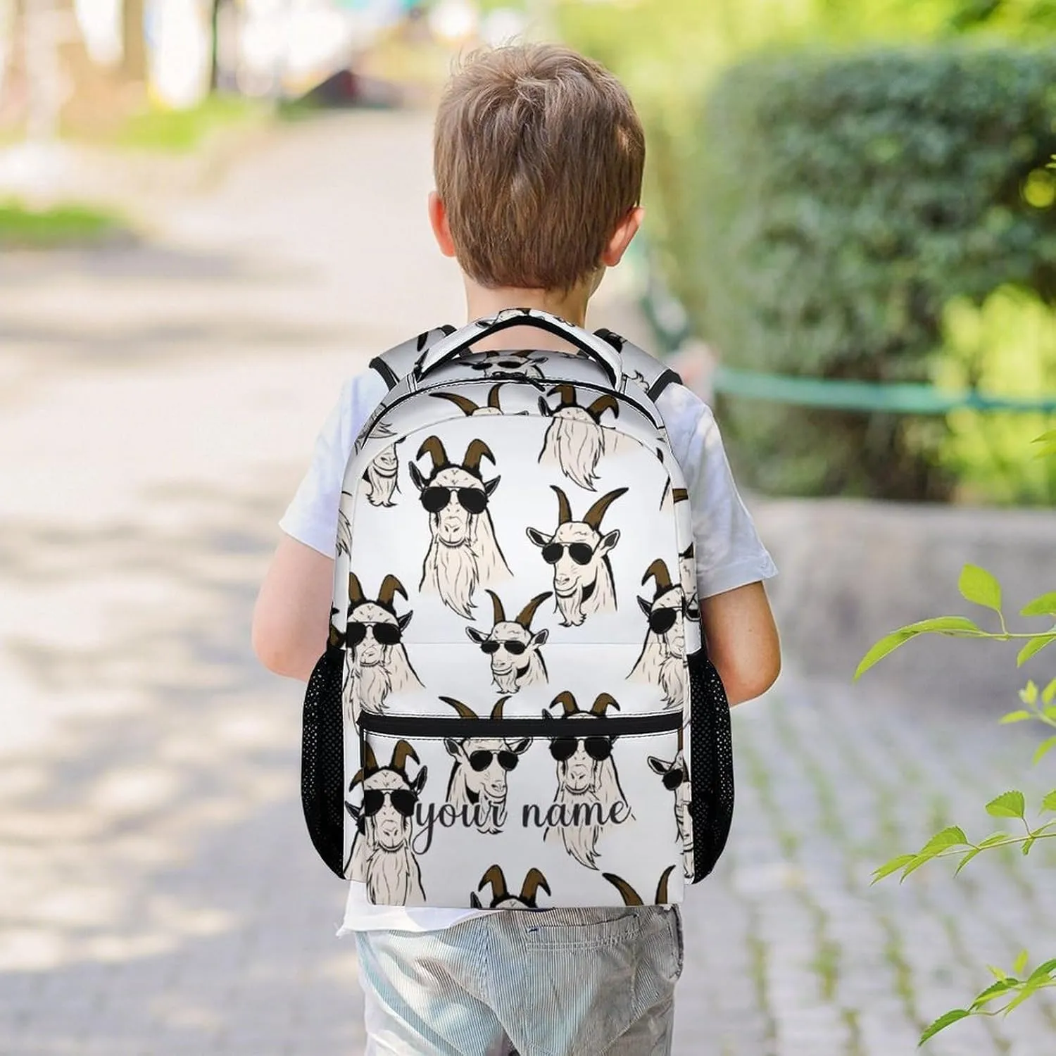 Kids Backpack for Girls - 17 Inch Cute Custom Middle School Backpack for Goat Lovers - White Lightweight Durable Bookbag for Boys