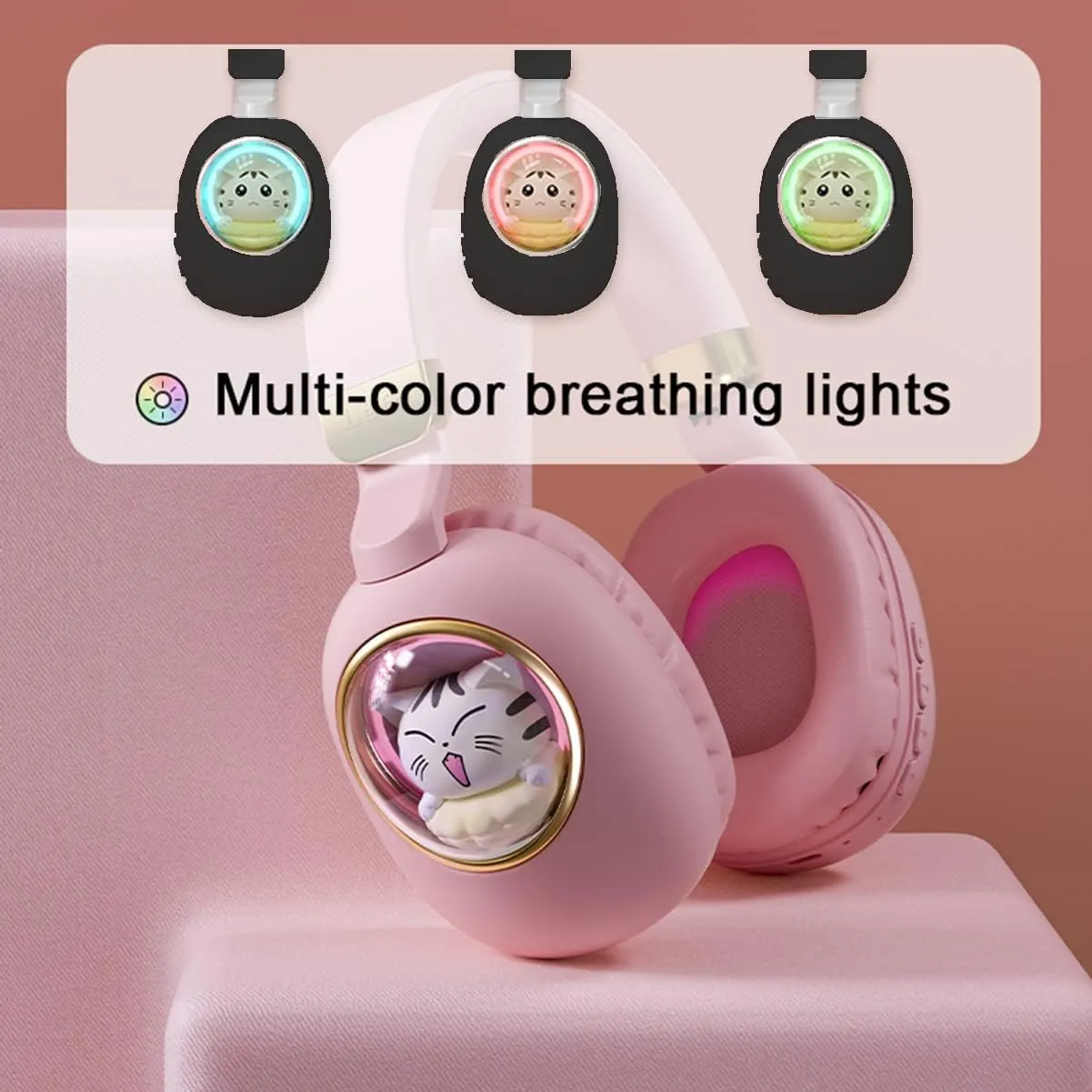Kids Bluetooth Headphones - Light Up Cat Over Ear Kids Wireless Noise Cancelling Headphones with Microphone for Kids for School Gaming Headset Headphones for IPad Kindle Tablet PC Travel (Black Gold)