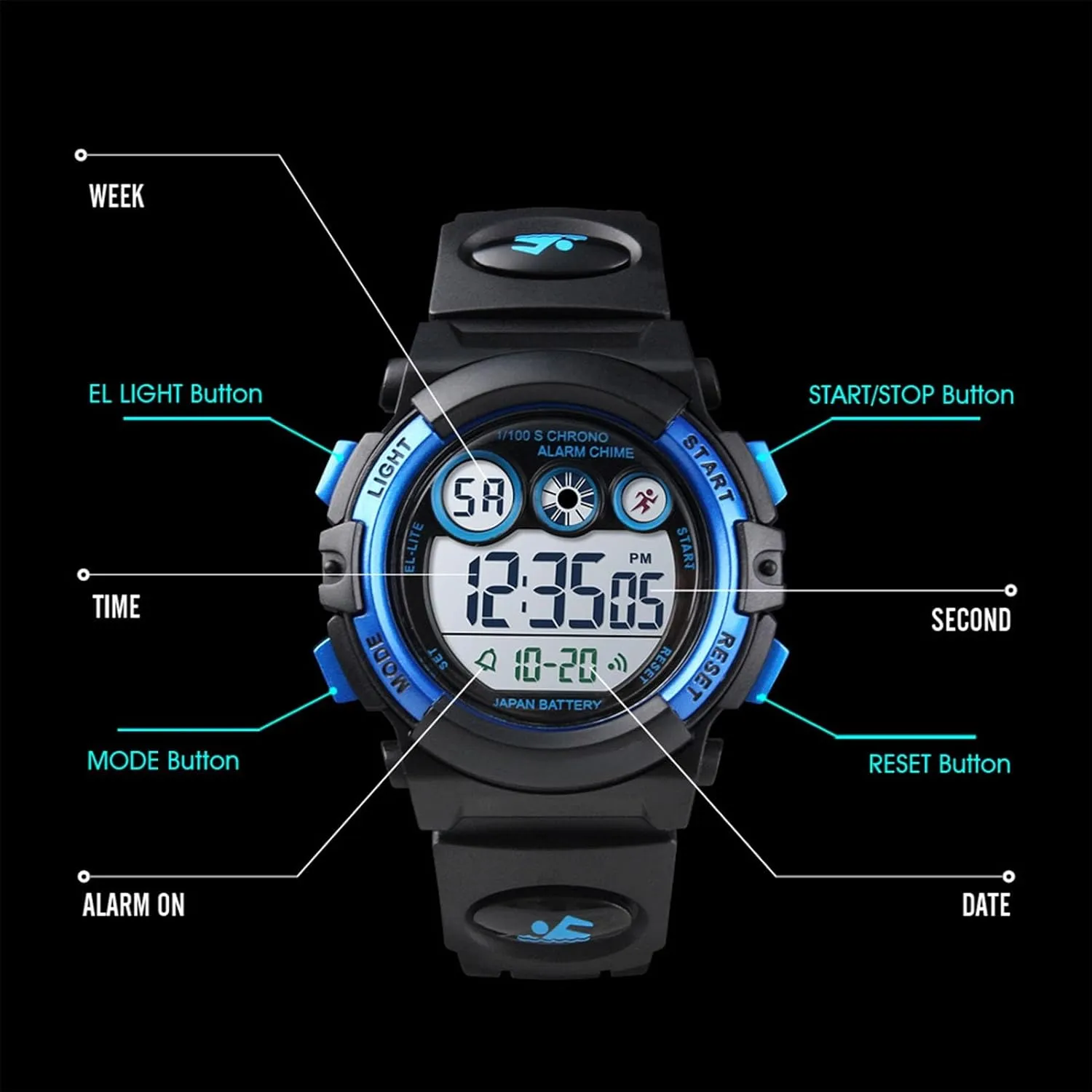 Kids Digital Sports Watch, Waterproof Outdoor Electronic Watch with Alarm, Stopwatch, Backlight, 12 and 24 Hour Time, Adjustable Strap for Boys and Girls