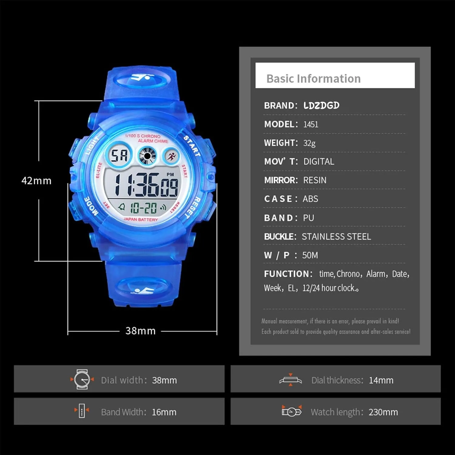 Kids Digital Sports Watch, Waterproof Outdoor Electronic Watch with Alarm, Stopwatch, Backlight, 12 and 24 Hour Time, Adjustable Strap for Boys and Girls