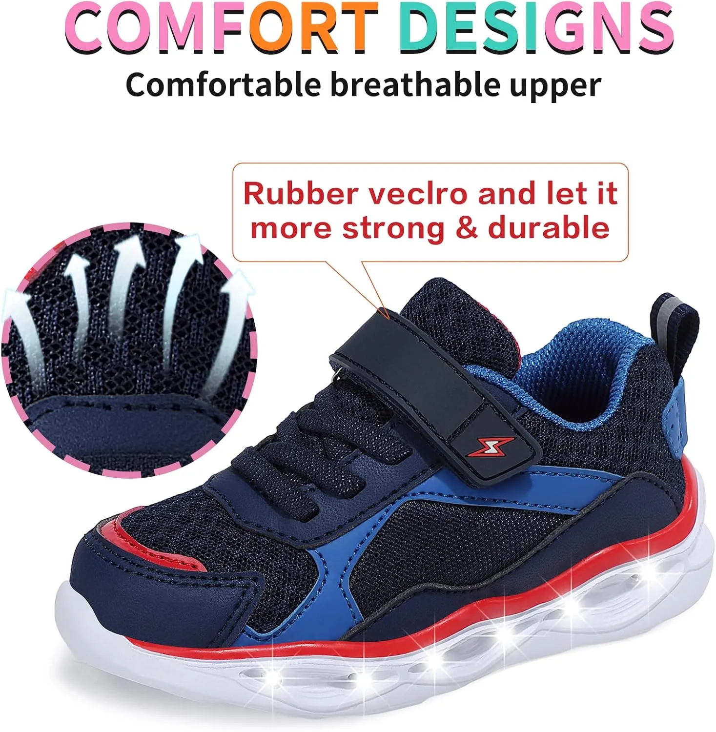 Kids LED Light Up Sneakers Breathable Sport Casual Girls Boys Shoes Adjustable Strap Flashing for Toddler/Little Kid