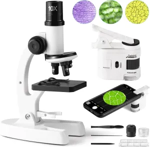 Kids Microscope Kit - 80X-1200X Magnification, Adjustable LED Light, Portable Design with Phone Holder - 5 Prepared & 10 Blank Slides | Science Educational Toy for Ages 8-12, for Holidays