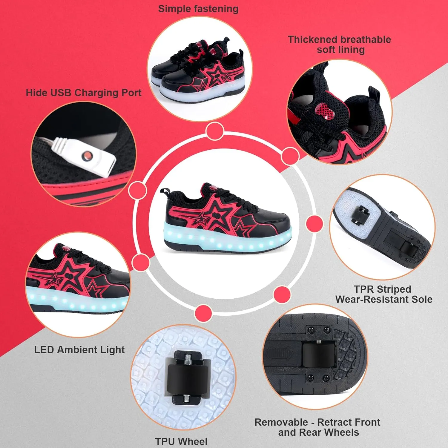 Kids Roller Skate Shoes - Rechargeable Wheels, Fashion Color, Shiny, Birthday for Boys and Girls