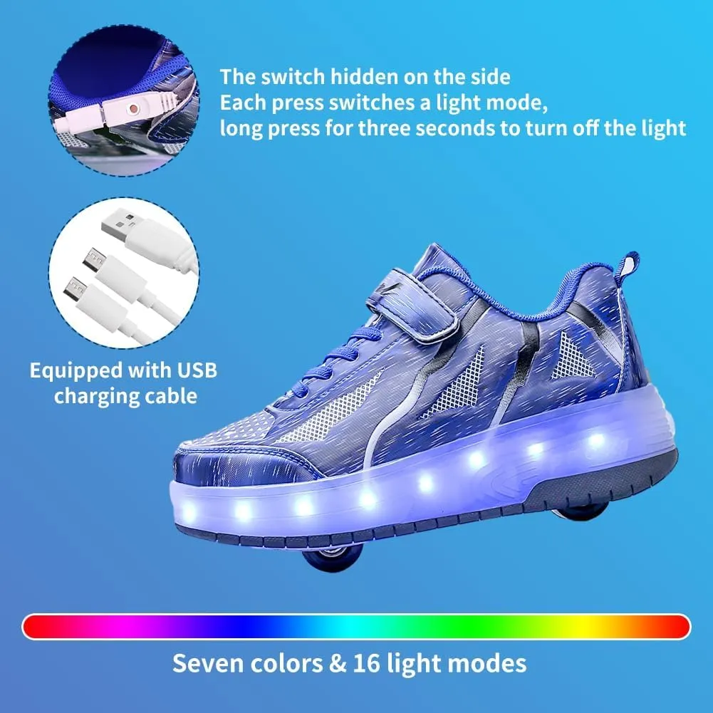 Kids Shoes with Double Wheels - Upgraded Kids Roller Shoes for Gifts, Retractable Wheels Skateboarding Shoes for Kids Sneakers Light Up Rechargeable for Birthday Party Gift