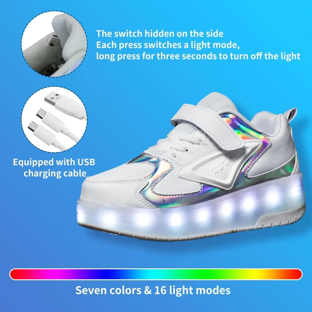 Kids Shoes with Double Wheels - Upgraded Kids Roller Shoes for Gifts, Retractable Wheels Skateboarding Shoes for Kids Sneakers Light Up Rechargeable for Birthday Party Gift