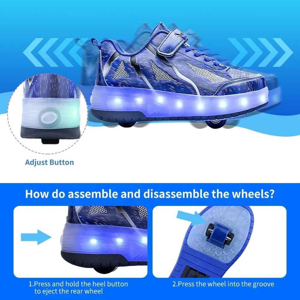 Kids Shoes with Double Wheels - Upgraded Kids Roller Shoes for Gifts, Retractable Wheels Skateboarding Shoes for Kids Sneakers Light Up Rechargeable for Birthday Party Gift