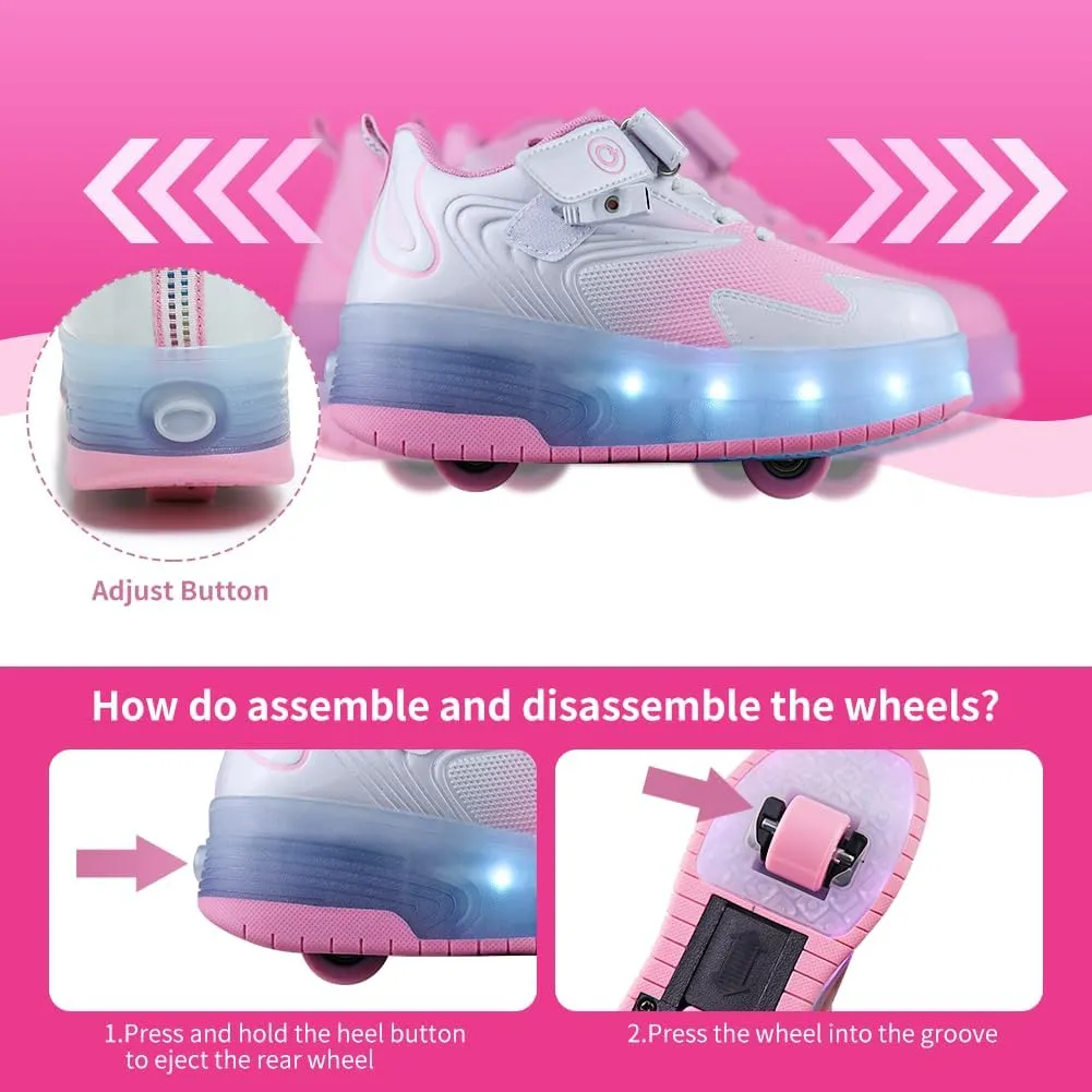 Kids Shoes with Double Wheels - Upgraded Kids Roller Shoes for Gifts, Retractable Wheels Skateboarding Shoes for Kids Sneakers Light Up Rechargeable for Birthday Party Gift