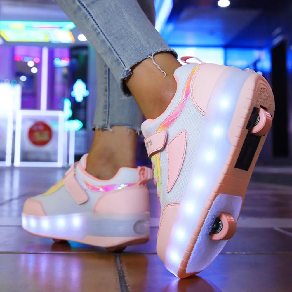 Kids Shoes with Double Wheels - Upgraded Kids Roller Shoes for Gifts, Retractable Wheels Skateboarding Shoes for Kids Sneakers Light Up Rechargeable for Birthday Party Gift