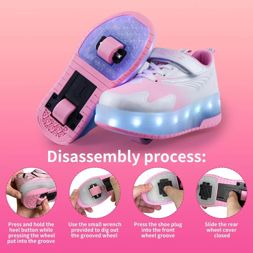 Kids Shoes with Double Wheels - Upgraded Kids Roller Shoes for Gifts, Retractable Wheels Skateboarding Shoes for Kids Sneakers Light Up Rechargeable for Birthday Party Gift