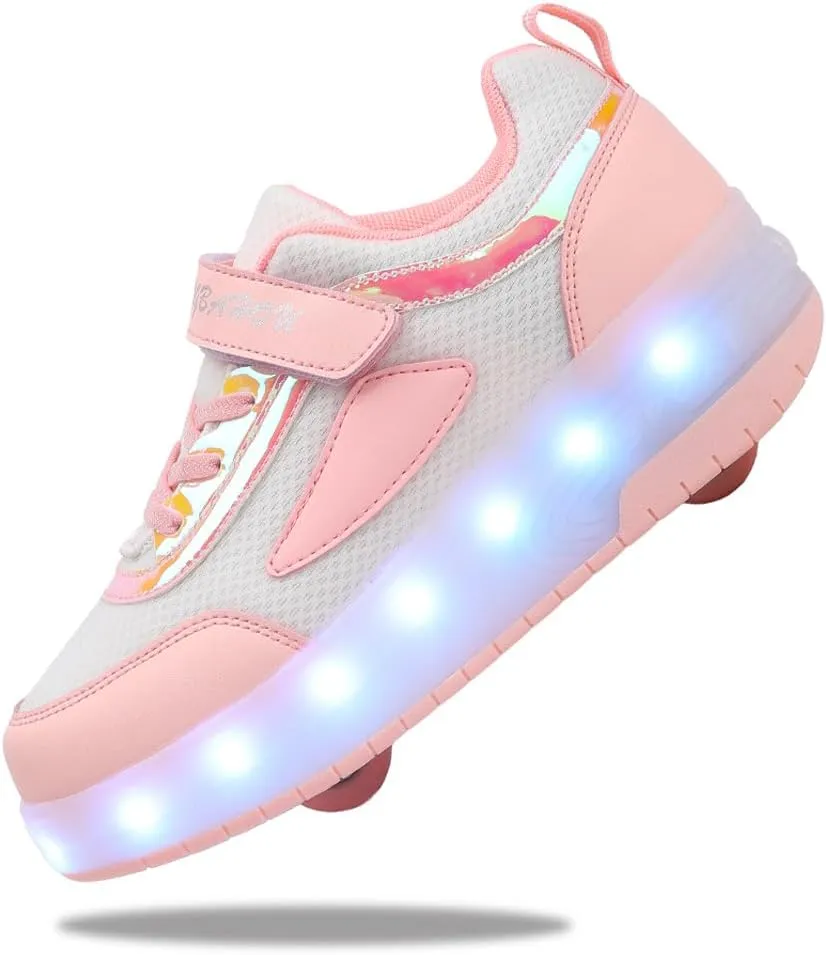 Kids Shoes with Double Wheels - Upgraded Kids Roller Shoes for Gifts, Retractable Wheels Skateboarding Shoes for Kids Sneakers Light Up Rechargeable for Birthday Party Gift