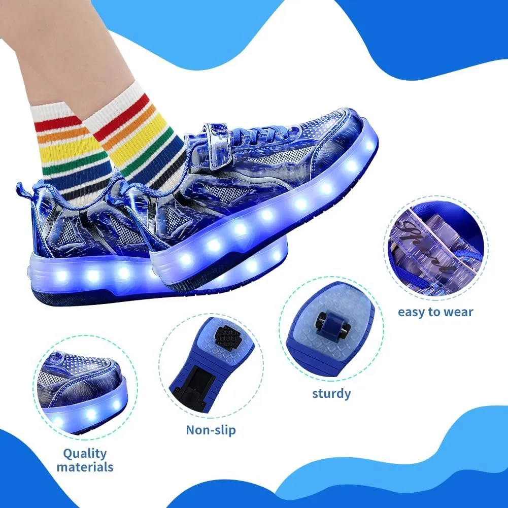 Kids Shoes with Double Wheels - Upgraded Kids Roller Shoes for Gifts, Retractable Wheels Skateboarding Shoes for Kids Sneakers Light Up Rechargeable for Birthday Party Gift