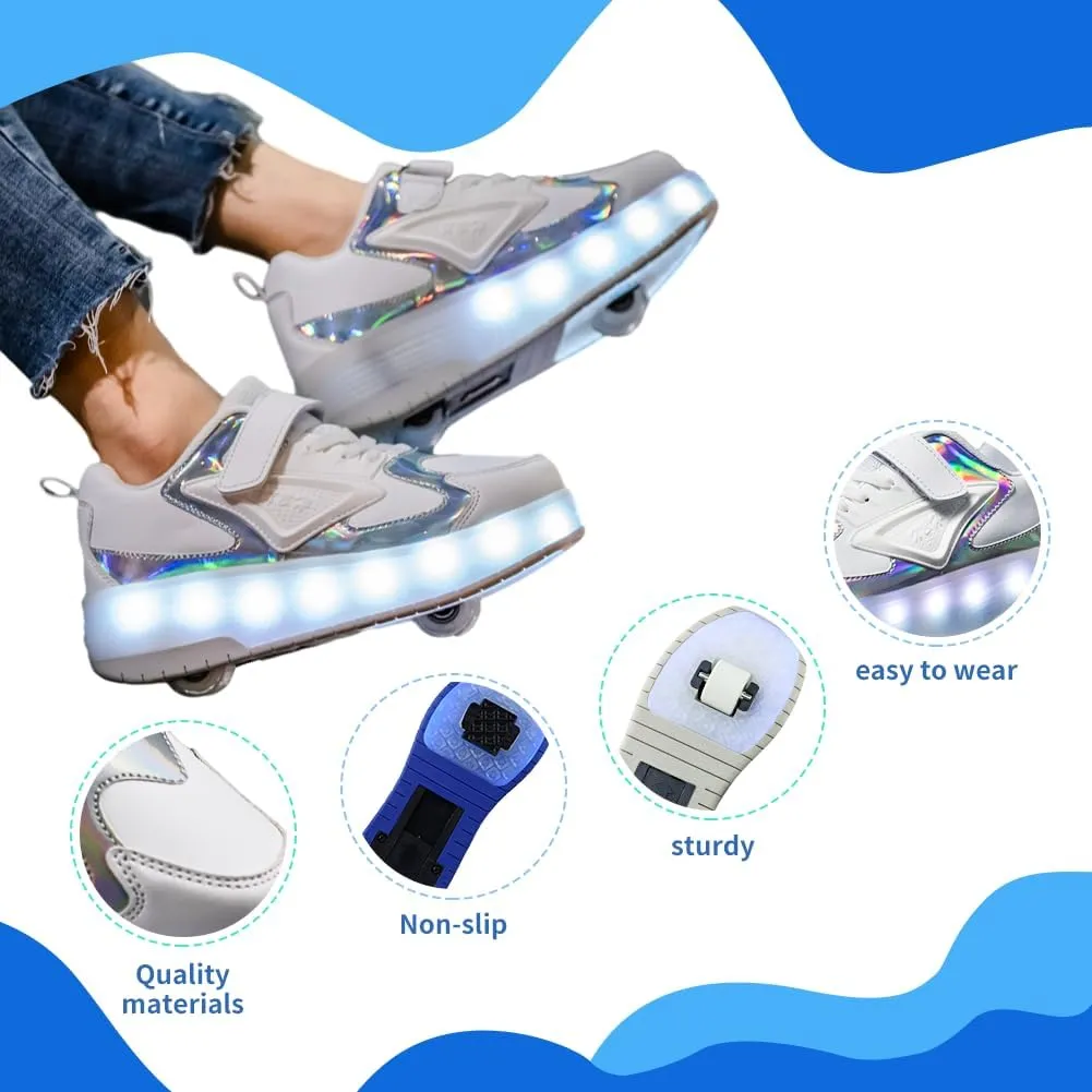 Kids Shoes with Double Wheels - Upgraded Kids Roller Shoes for Gifts, Retractable Wheels Skateboarding Shoes for Kids Sneakers Light Up Rechargeable for Birthday Party Gift