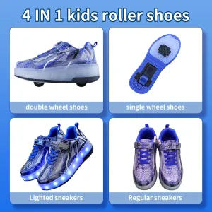 Kids Shoes with Wheels & LED Flashing Sneakers Rechargeable Roller Skate Shoes for Birthday Gift Size 6.5 Big Kid Blue