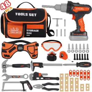 Kids Tool Set- 48PCS Toddler Tool Set Toys with Electronic Toy Drill, Tool Bag&Tool Belt&Tape Measure, Pretend Play Kids Construction Tool Kits Toy for Boys, Kids Birthday Gift for Boys Girls Ages 3 
