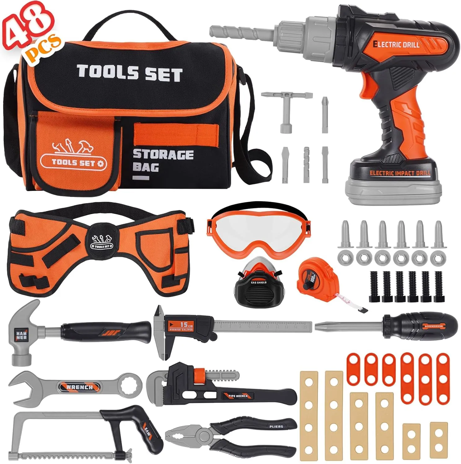 Kids Tool Set- 48PCS Toddler Tool Set Toys with Electronic Toy Drill, Tool Bag&Tool Belt&Tape Measure, Pretend Play Kids Construction Tool Kits Toy for Boys, Kids Birthday Gift for Boys Girls Ages 3 