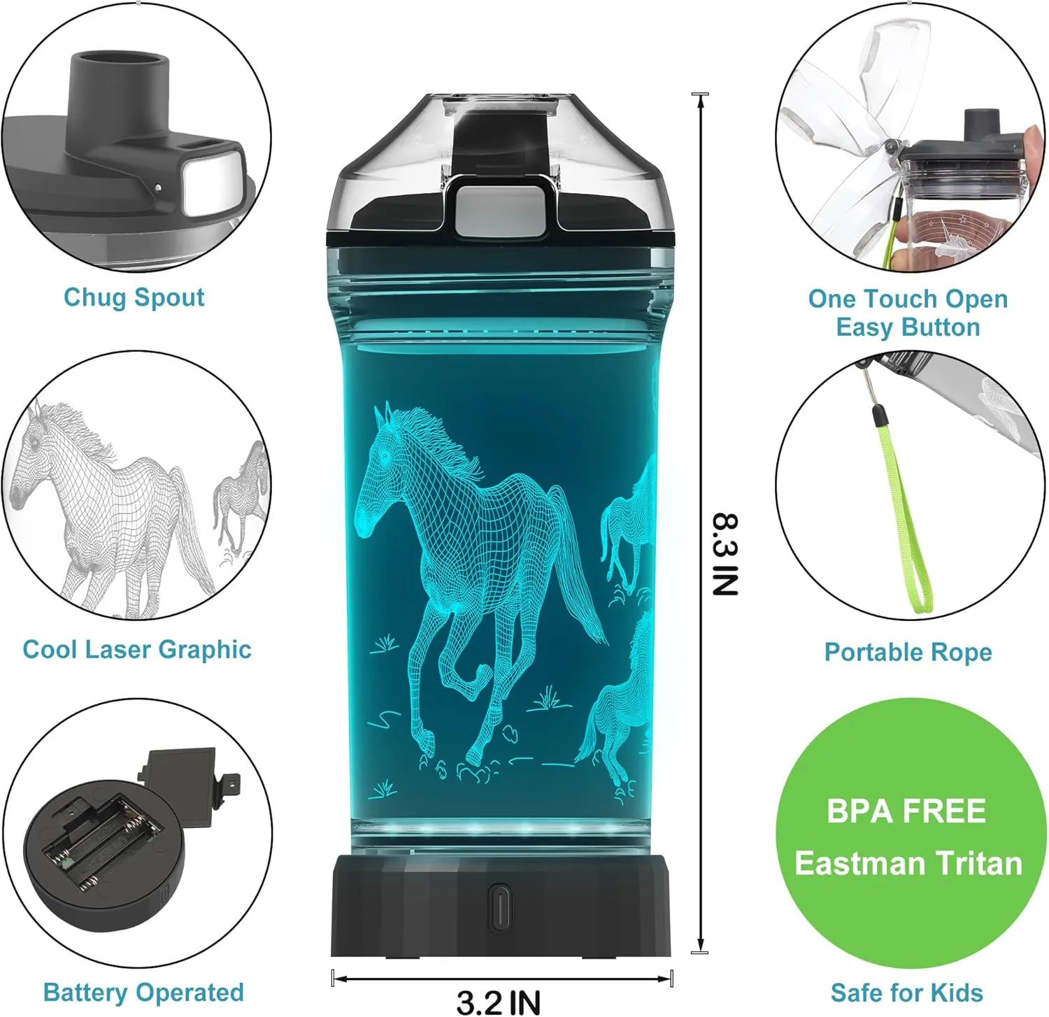 Kids Water Bottle, Horse-themed Light-Up Sport Cup with 3D Glowing LED Horse Light – 14 OZ Tritan BPA-Free - Camping, and Holidays (Horse)