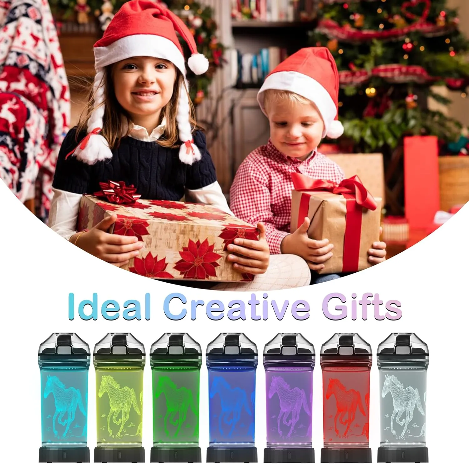 Kids Water Bottle, Horse-themed Light-Up Sport Cup with 3D Glowing LED Horse Light – 14 OZ Tritan BPA-Free - Camping, and Holidays (Horse)