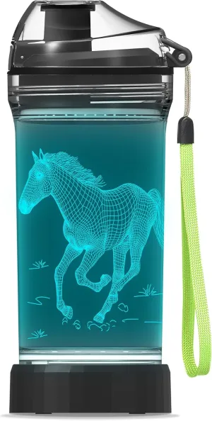 Kids Water Bottle, Horse-themed Light-Up Sport Cup with 3D Glowing LED Horse Light – 14 OZ Tritan BPA-Free - Camping, and Holidays (Horse)