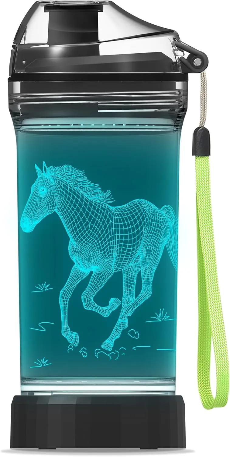 Kids Water Bottle, Horse-themed Light-Up Sport Cup with 3D Glowing LED Horse Light – 14 OZ Tritan BPA-Free - Camping, and Holidays (Horse)