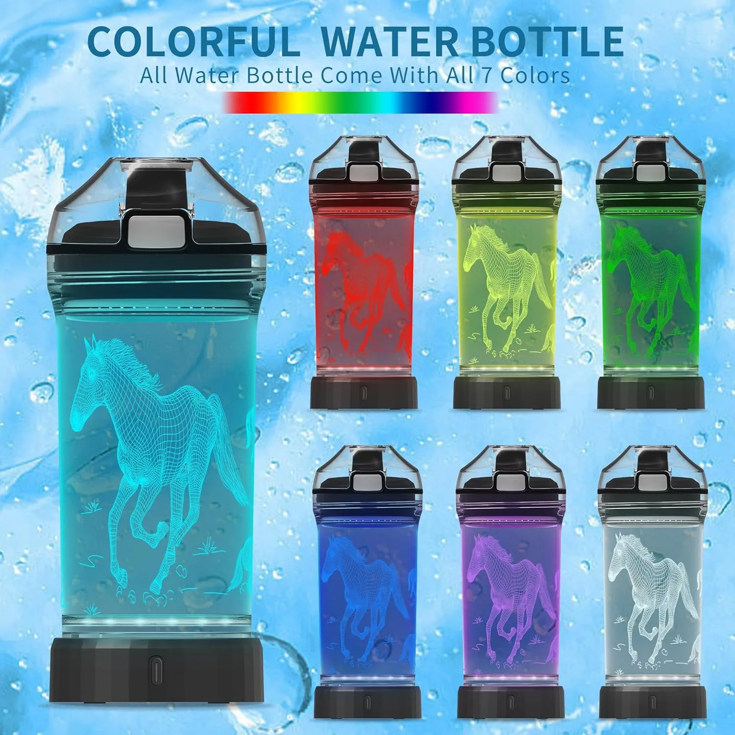 Kids Water Bottle, Horse-themed Light-Up Sport Cup with 3D Glowing LED Horse Light – 14 OZ Tritan BPA-Free - Camping, and Holidays (Horse)