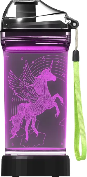 Kids Watter Bottle with 3D Glowing Unicorn Illusion LED Light - 14 0z - Creative Idea Gift for Girl Child Granddaughter Holiday Xmas
