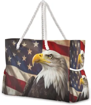 Kigai American Flag Falcon Beach Bags for Women Waterproof Sandproof Beach Tote Bag Multi-Pocket Pool Bag with Zipper for Swim Travel Gym