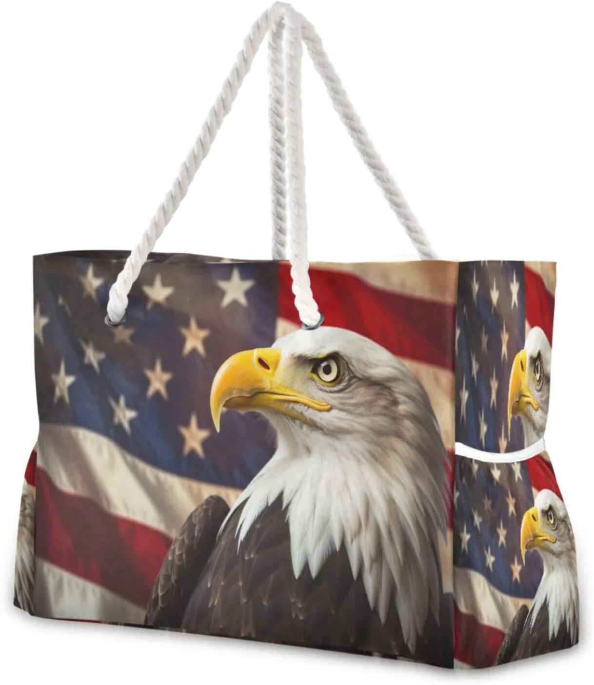 Kigai American Flag Falcon Beach Bags for Women Waterproof Sandproof Beach Tote Bag Multi-Pocket Pool Bag with Zipper for Swim Travel Gym