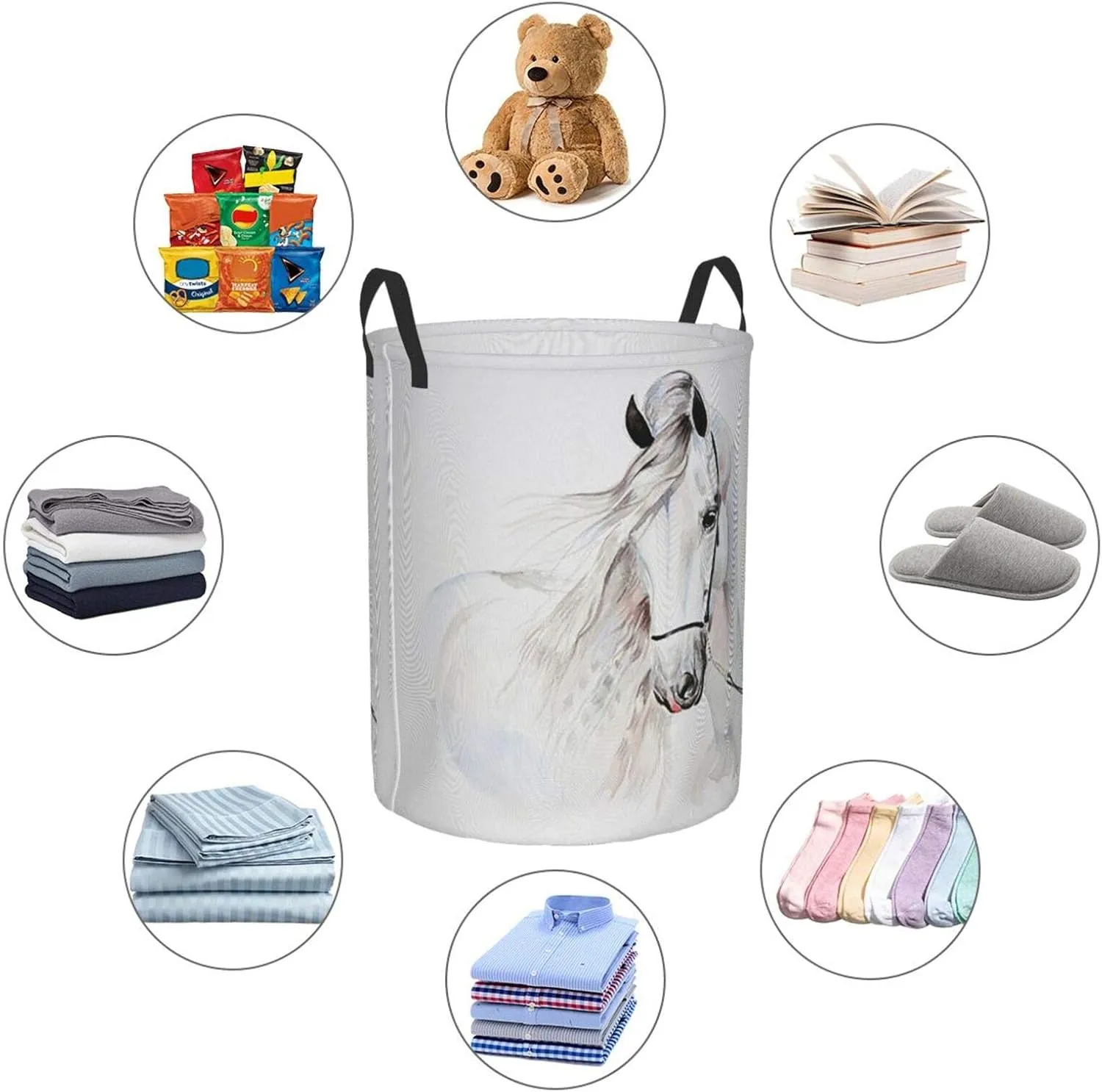 KiuLoam White Horse Animal 19.6 Inches Large Storage Basket with Handles Collapsible Portable Laundry Fabric Hampers Tote Bag for Toys Clothing Organization