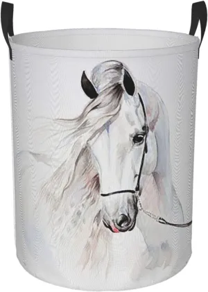 KiuLoam White Horse Animal 19.6 Inches Large Storage Basket with Handles Collapsible Portable Laundry Fabric Hampers Tote Bag for Toys Clothing Organization